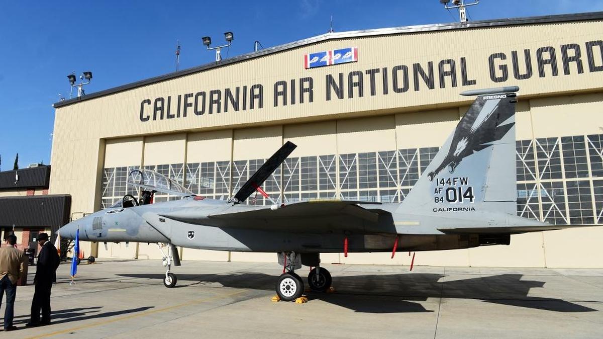 The 144th Fighter Wing's flagship F-15 fighter jet sits in front of the hangar at the Air National Guard base in Fresno in 2014.