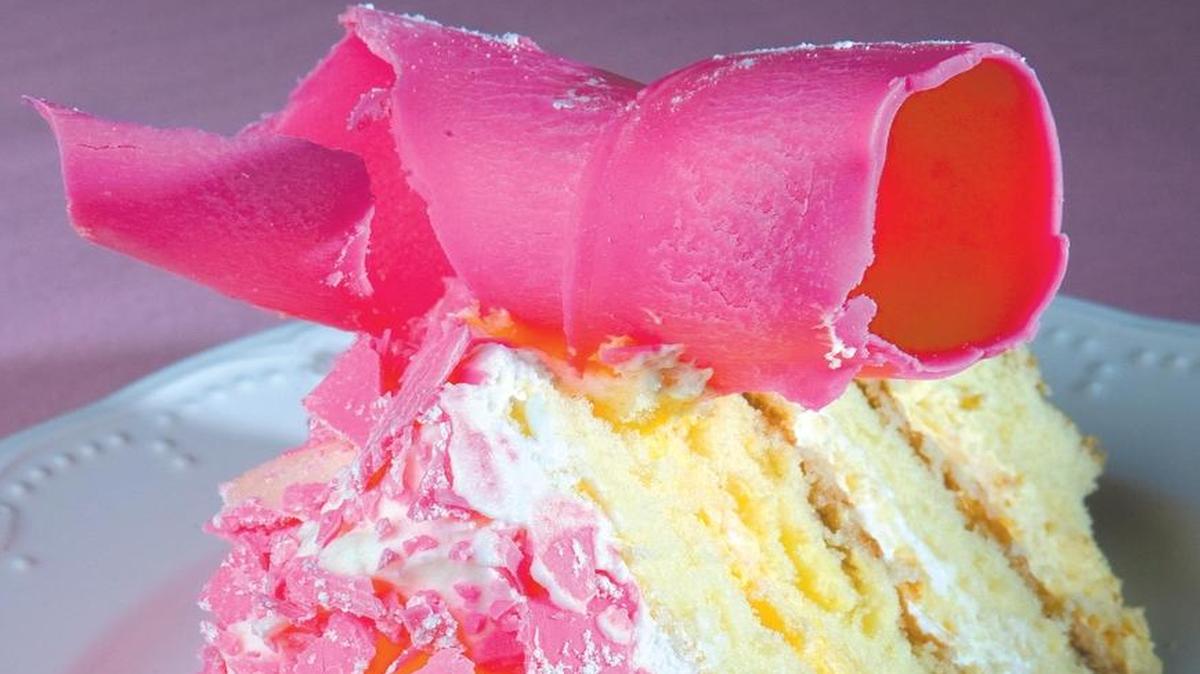 The Madonna Inn’s famed pink champagne cake with pink chocolate curls.