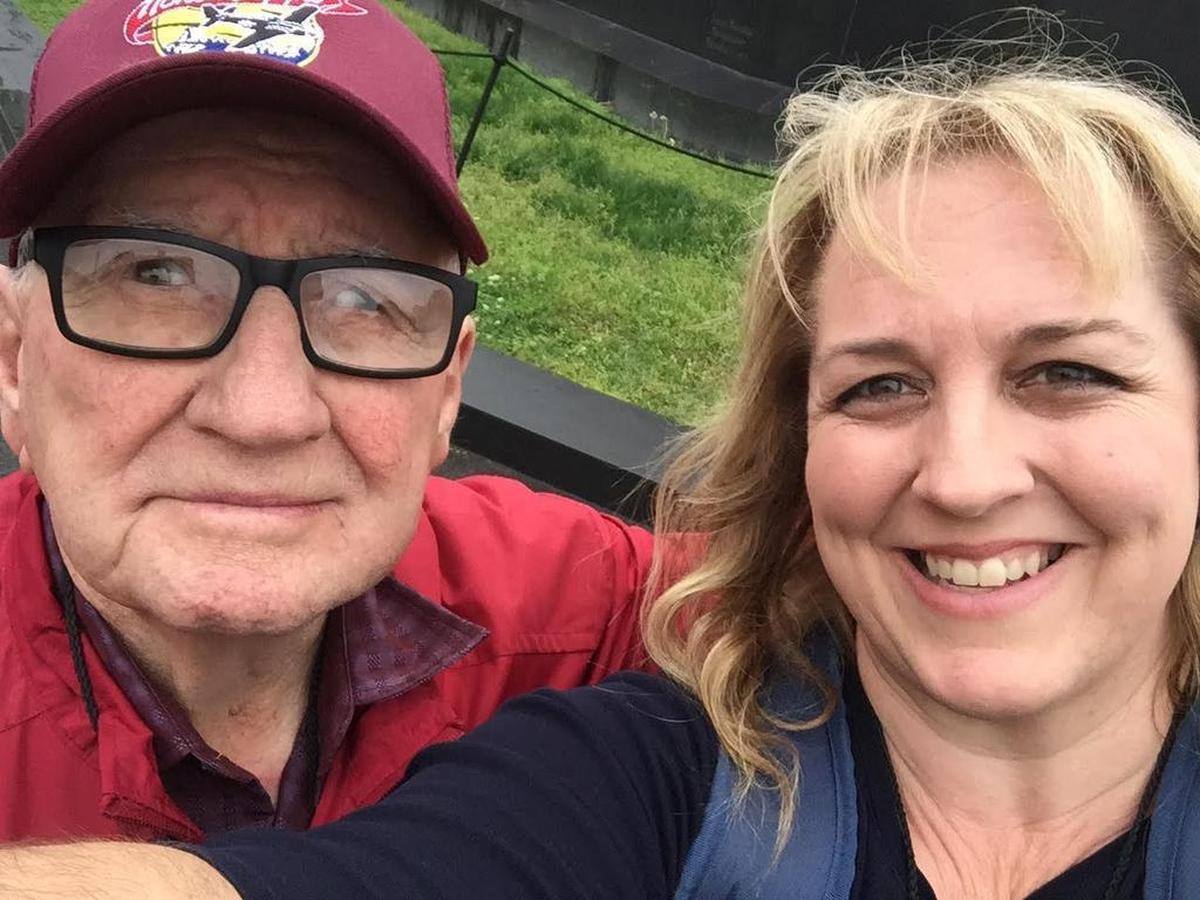 Dad is Korean War veteran John Arambel, 87, of Los Banos, left, here with his daughter, Cherie Arambel, at the Marine Corps War Memorial on Tuesday in Washington, D.C. The Arambels were aboard the 13th voyage of the Central Valley Honor Flight that left Fresno on Monday, April 24, 2017.