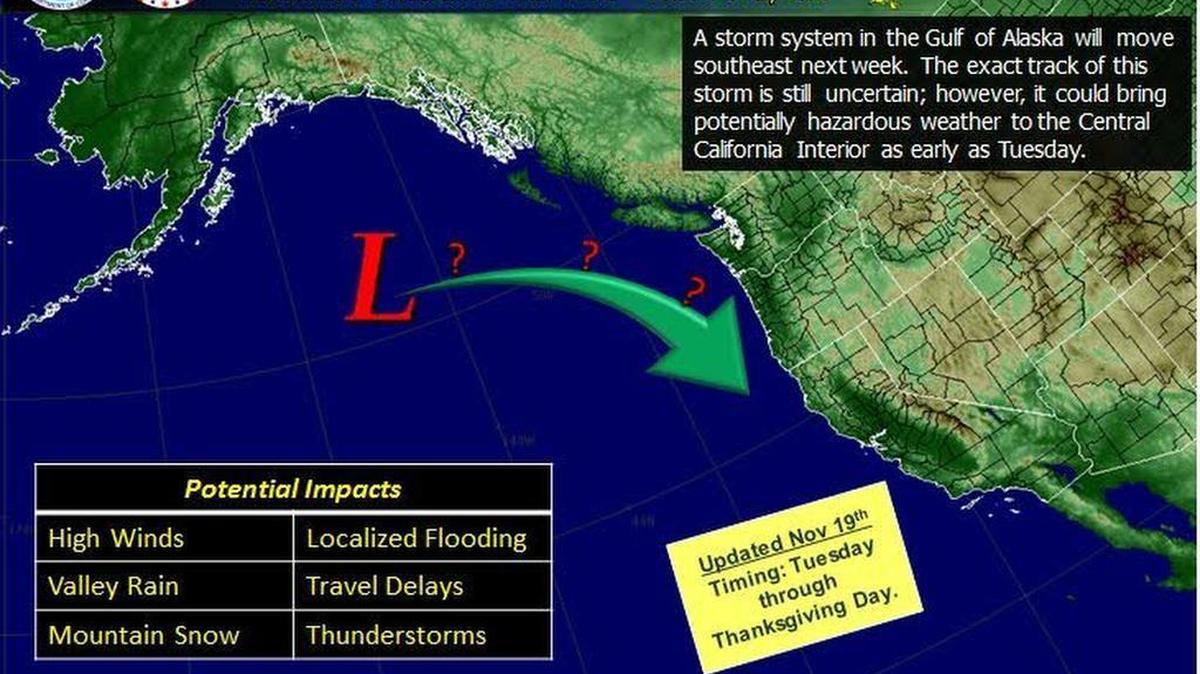 A new forecast says rain and snow are possible in Central California for Thanksgiving week.