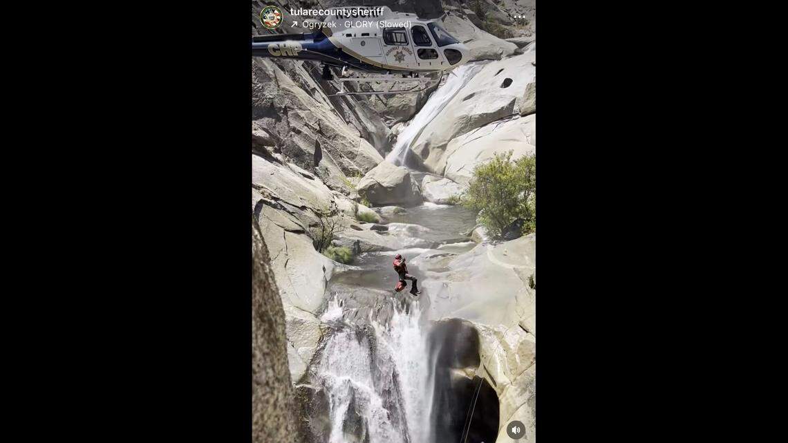 A 46-year-old man from Long Beach, California, was hoisted into a helicopter after being trapped behind a waterfall for days, deputies said.
