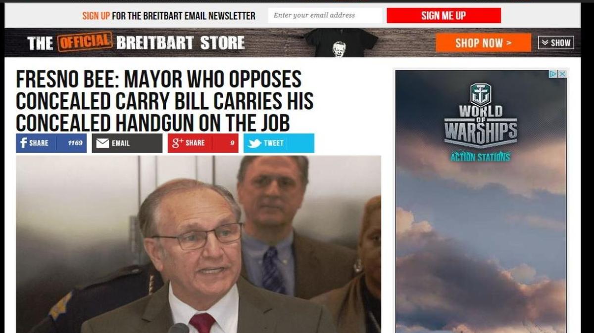 The website Breitbart News takes on Fresno mayor Lee Brand for his stance on a proposed concealed weapon policy for city workers.