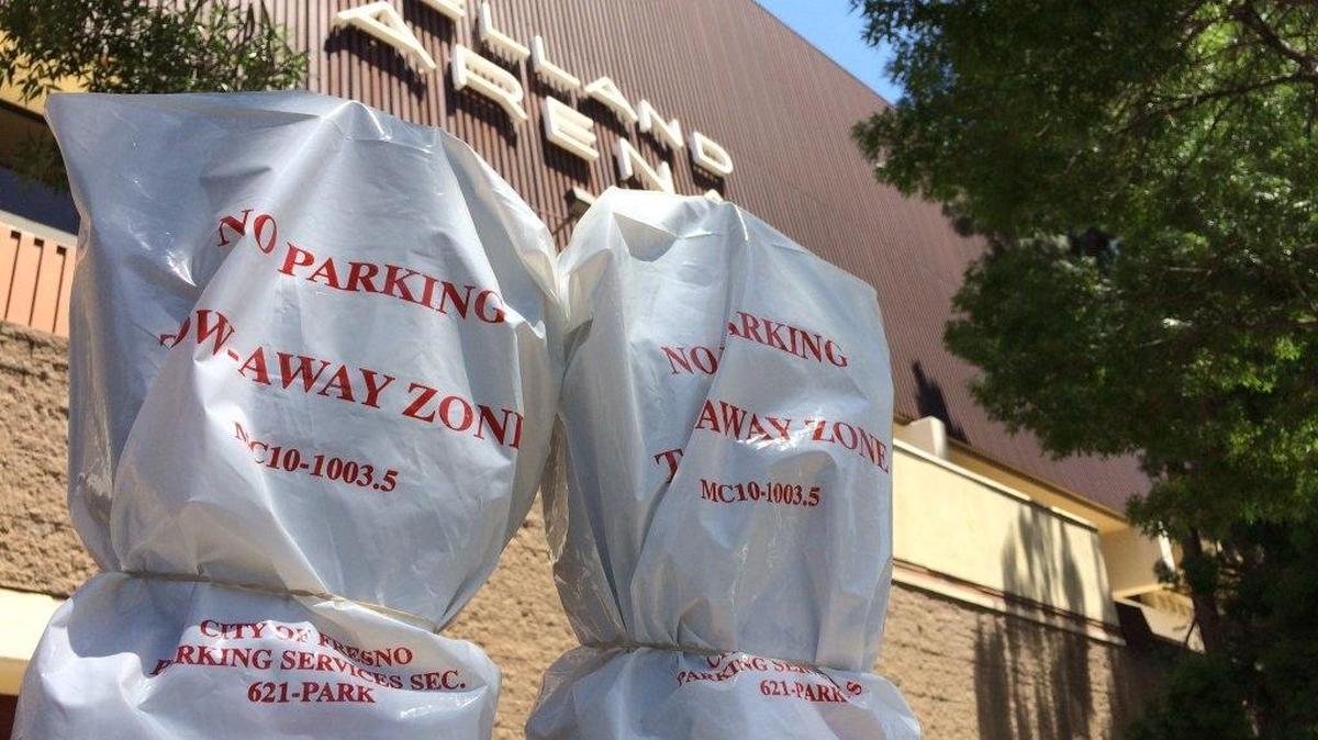 Parking meters on M Street in front of Fresno’s Selland Arena were covered in “no parking” signs on Thursday afternoon, a day before Republican presidential nominee Donald Trump’s campaign rally on Friday.