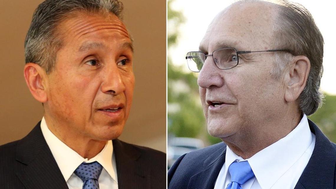 On some issues, Fresno mayoral candidates Henry R. Perea, left, and Lee Brand don’t hold positions that are typical of their political parties. Perea is a Democrat; Brand is a Republican. The race is officially nonpartisan.