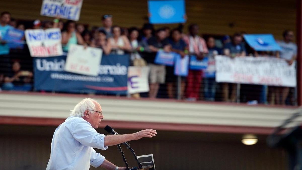 Sen. Bernie Sanders speaks before a crowd gathered at the Fresno Fairgrounds’ Paul Paul Theater on May 29, 2016.