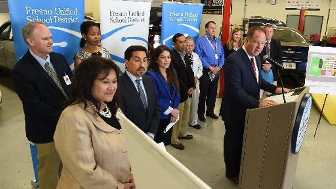 Fresno Unified School District Superintendent Michael Hanson holds a news conference about Measure X in October.