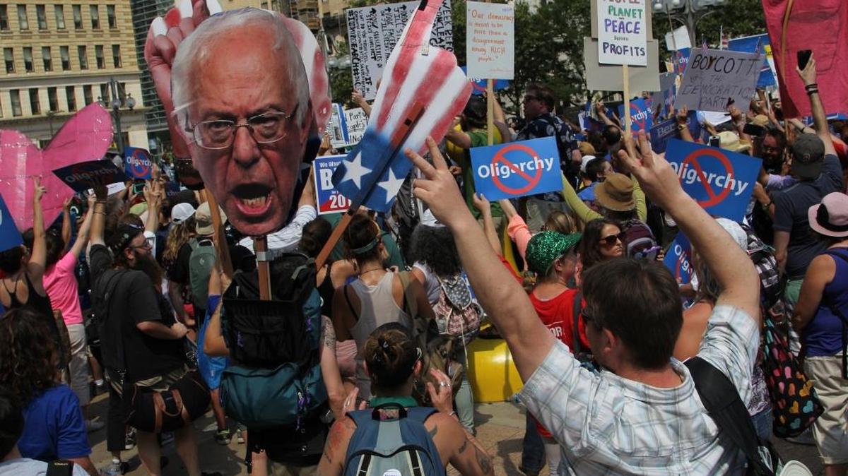 “Occupy DNC” protests for Bernie Sanders outside of the Philadelphia Municipal Services Building on Wednesday, July 27, 2016.
