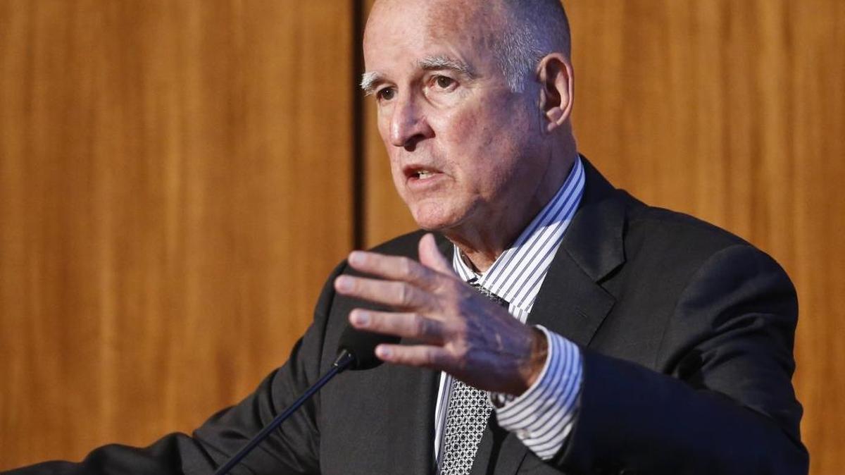 Gov. Jerry Brown speaks at the Carbon Neutrality Initiative on the campus of the University of California, San Diego on Tuesday, Oct. 27, 2015.