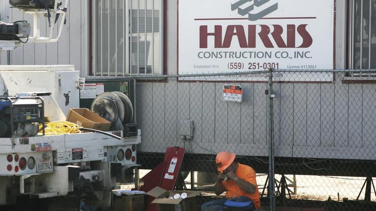 
A Harris Construction sign is shown outside the construction office where Fresno Unified’s new Gaston Middle School was being built in west Fresno on October 25, 2012.
