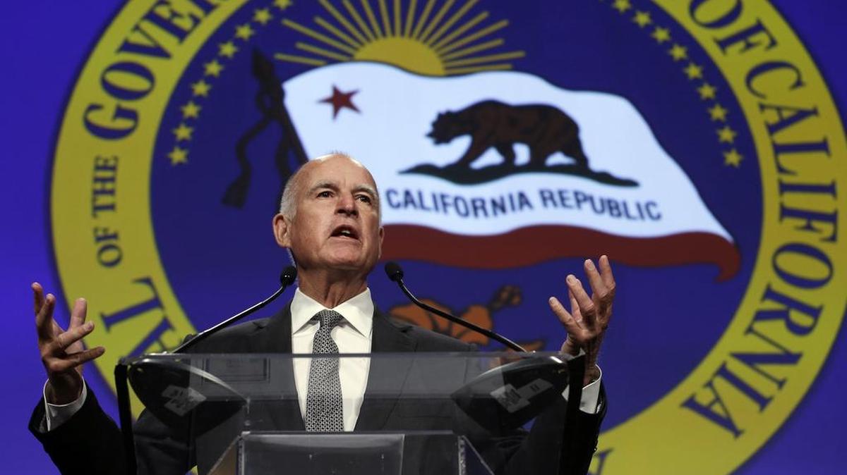 In this May 28, 2015 file photo California Gov. Jerry Brown speaks at a gathering of political, business and community leaders at the annual California Chamber of Commerce Host Breakfast in Sacramento, Calif. Brown is expected to unveil his 2016-2017 budget proposal Thursday.(AP Photo/Rich Pedroncelli,file)