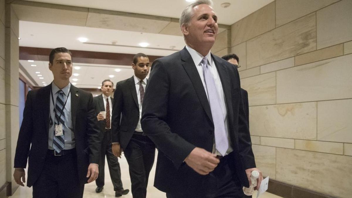 House Majority Leader Kevin McCarthy walks through the Capitol in Washington, Friday, Jan. 13, 2017, as members attend a closed-door intelligence briefing. Congress has approved the first step toward dismantling President Barack Obama’s healthcare law as Republicans pushed a budget through Congress that provides an early but crucial victory in the effort.