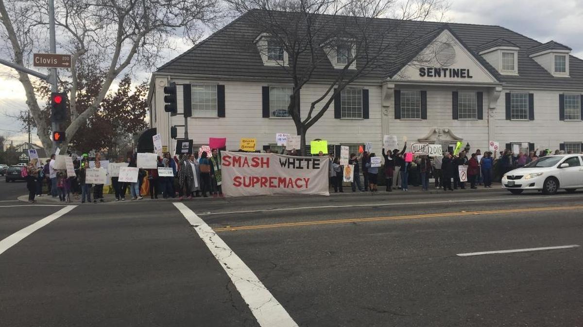 Protesters gathered near the Clovis office of U.S. Rep. Devin Nunes to rail against his support of President Donald Trump’s executive order on refugees from Middle East countries.