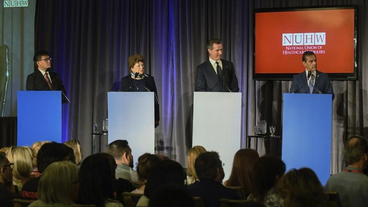 California gubernatorial candidates from left, John Chiang, Delaine Eastin, Gavin Newsom and Antonio Villaraigosa participate in a candidates forum at the Sheraton Hotel in Anaheim in October.