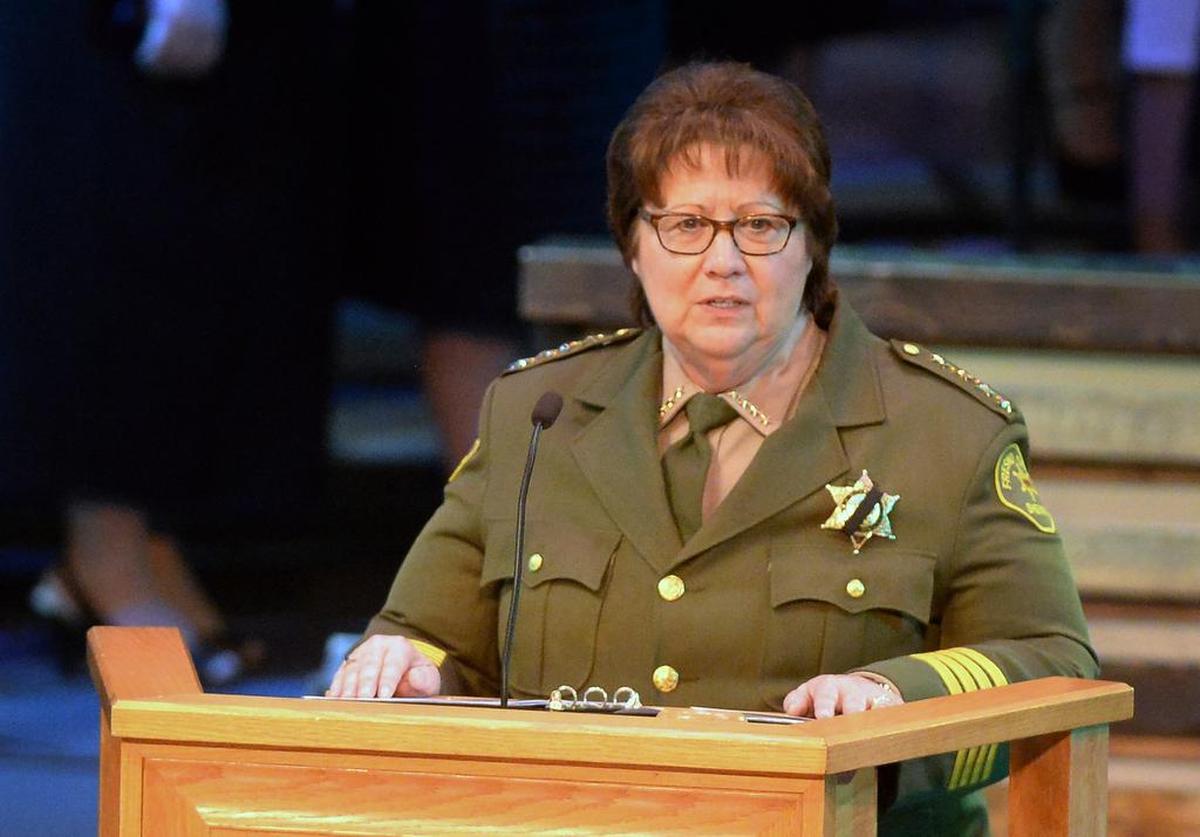 Fresno County Sheriff Margaret Mims speaks during the funeral for fallen officer Sgt. Rod Lucas at People’s Church Wednesday, Nov. 9, 2016. CRAIG KOHLRUSS/THE FRESNO BEE