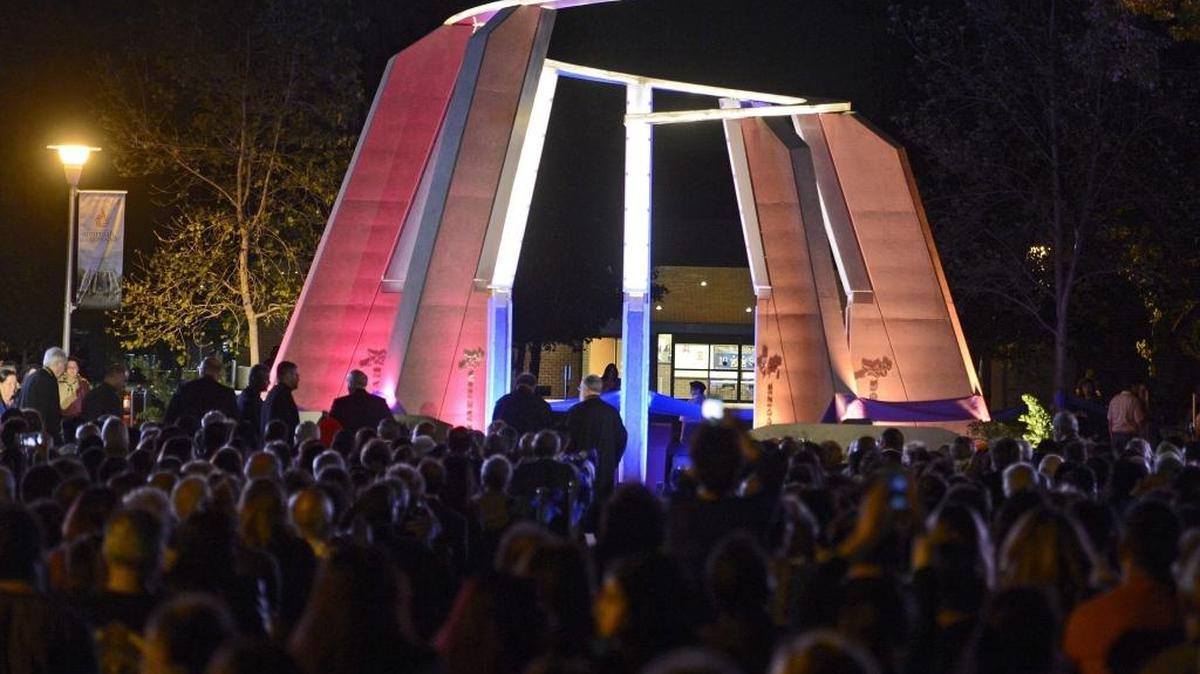 Thousands watch as the Armenian Genocide Memorial is officially unveiled during a ceremony at Fresno State in 2015.
