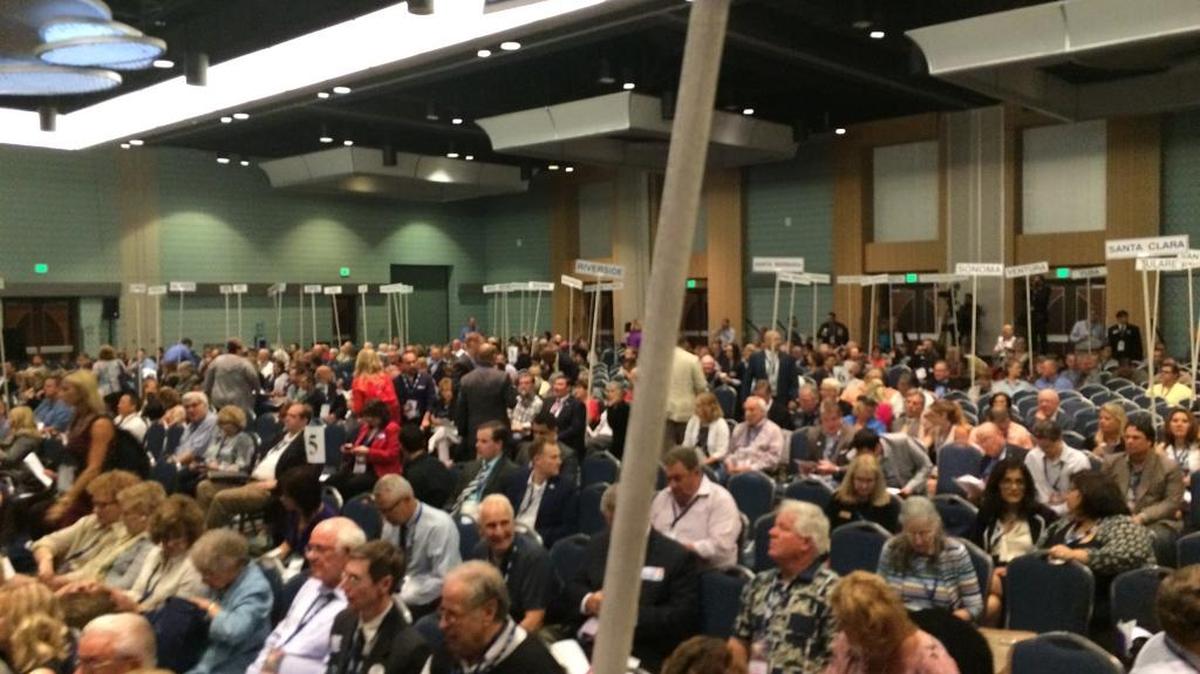
Delegates gather Sunday in Anaheim at the California Republican Party’s fall convention. 
