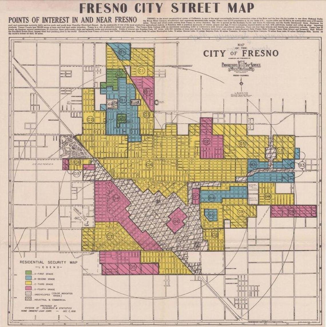 A 1936 Fresno “redline” map by the Home Owners’ Loan Corporation show which neighborhoods were considered more secure for lending purposes. Areas with minority residents were shaded in red; banks wouldn’t grant loans there.