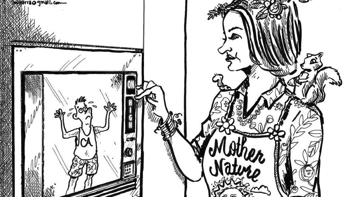 Editorial cartoon by SW Parra - SPecial to The Fresno Bee. Summer heatwave in Fresno is set to break a record of more than 21 days of consecutive triple digit hot temperatures.