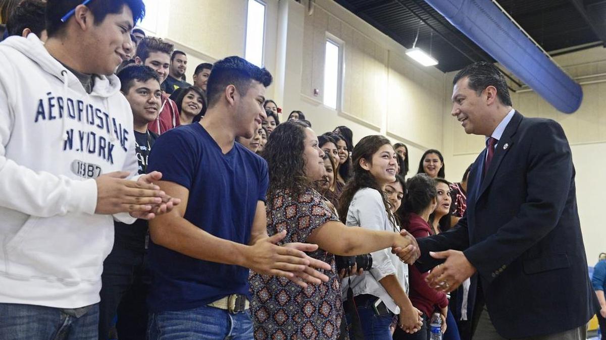 In this Sept. 16, 2015, file photo, California Secretary of State Alex Padilla talks with Parlier High School students about the importance of voter registration.