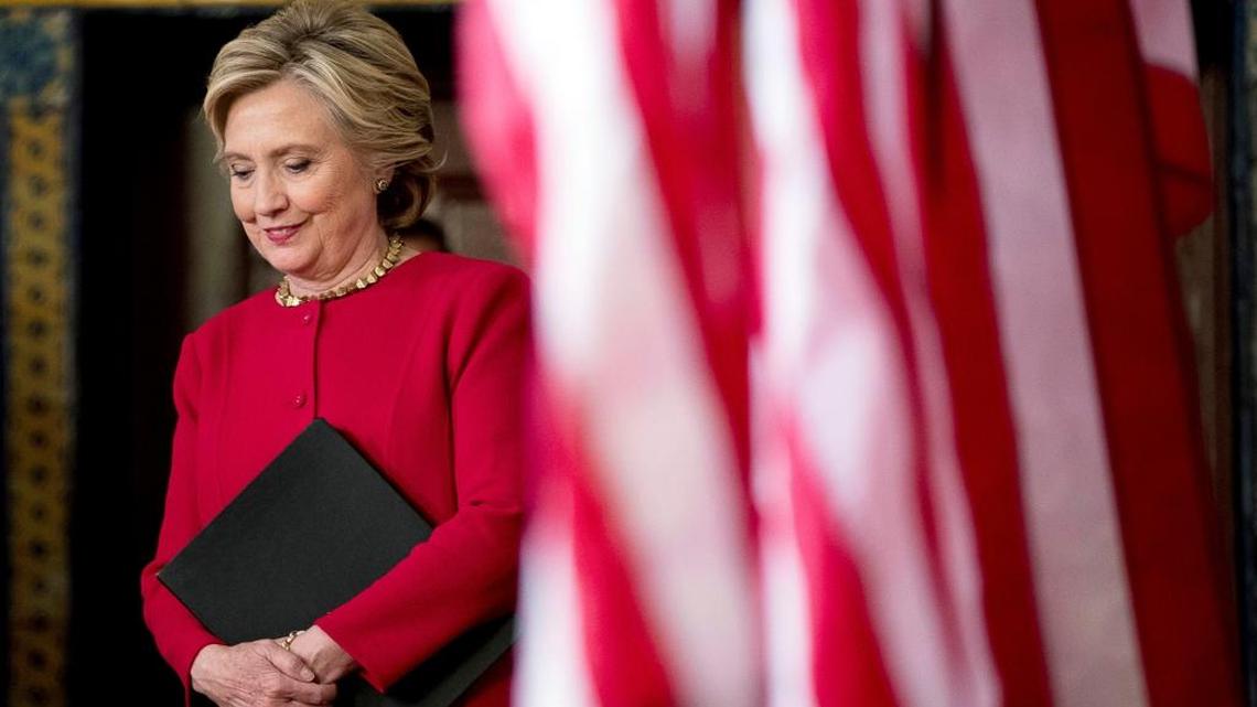 Democratic presidential candidate Hillary Clinton arrives to speak to members of the media after a rally at the Zembo Shrine in Harrisburg, Pa., Tuesday, Oct. 4, 2016.