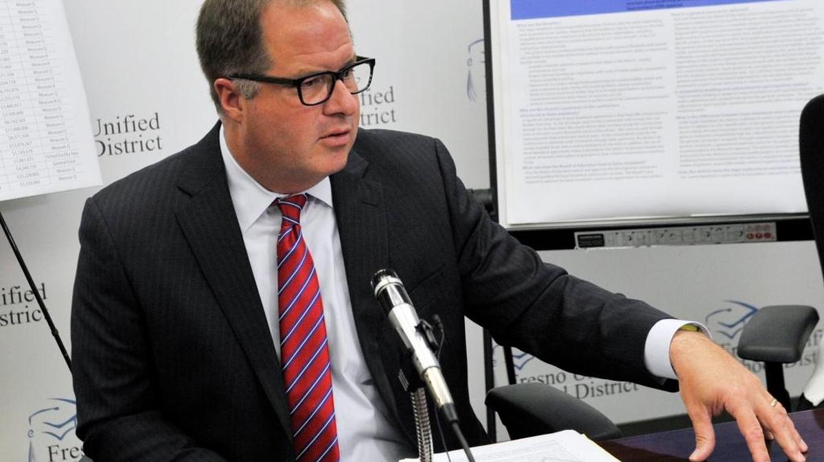 
Fresno Unified School District superintendent Michael Hanson explains the lease-leaseback agreement the district undertook for construction during a press conference held Wednesday, July 8, 2015.

