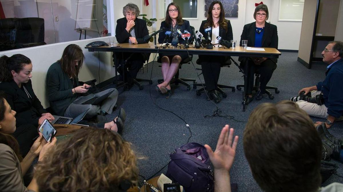 Sacramento lobbyist Pamela Lopez, second from left, and Jessica Yas Barker, second from right, speak out against Assemblyman Matt Dababneh, a San Fernando Valley Democrat.