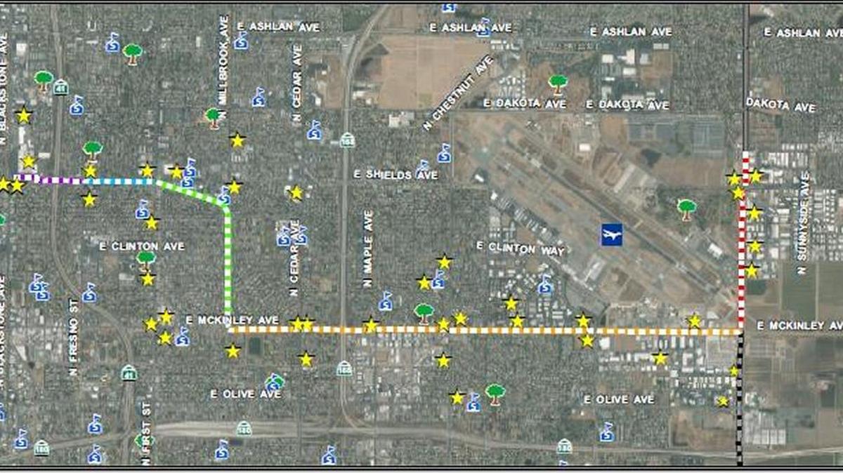 This is the route of Fresno’s proposed seven-mile Midtown Trail. It would start at Blackstone and Shields avenues, go east to Millbrook Avenue, south to McKinley Avenue and extend to Clovis Avenue. By connecting to Clovis trails, it would form a continuous 17-mile system.
