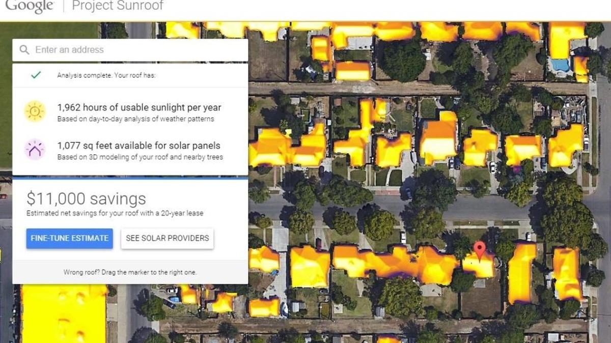 A screen shot of a central Fresno neighborhood showing Google’s estimate of solar potential for a marked rooftop. The major utilities are asking the state PUC for changes that could dramatically reduce the appeal of rooftop solar panels.