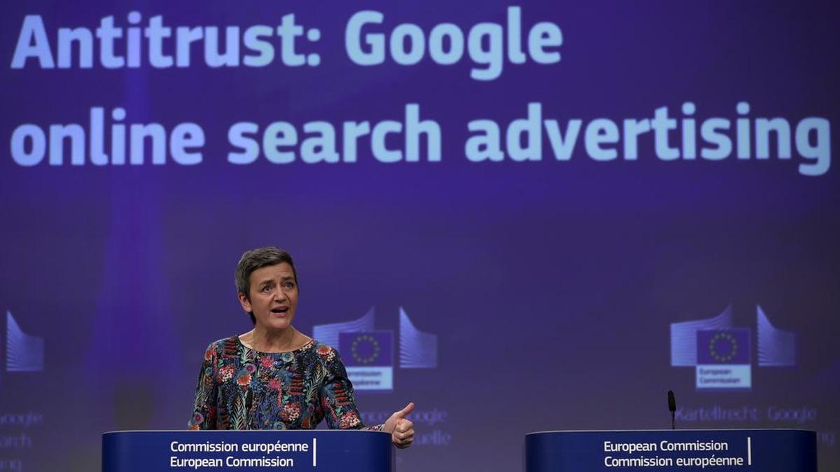 European Competition Commissioner Margrethe Vestager speaks during a media conference at EU headquarters in Brussels, Wednesday, March 20, 2019. European Union regulators have hit Google with a 1.49 billion euro ($1.68 billion) fine for abusing its dominant role in online advertising.