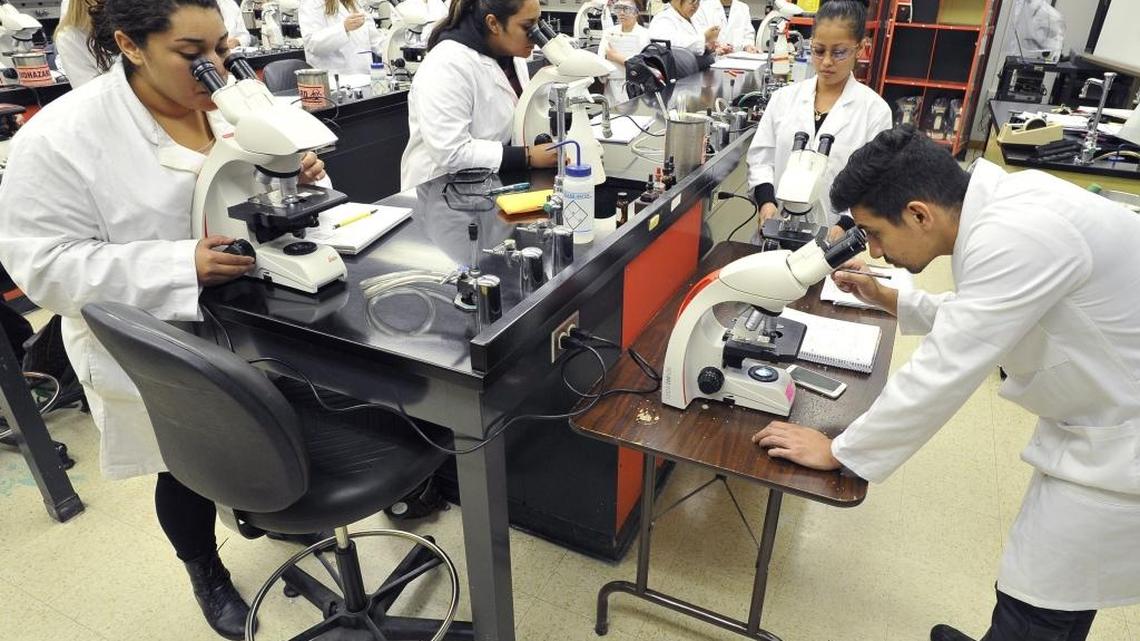 In addition to being crowded, some students in this microbiology lab due to lack of workspace, have to use standard, lower folding tables at right, in the aging Math and Science Building at Fresno City College.