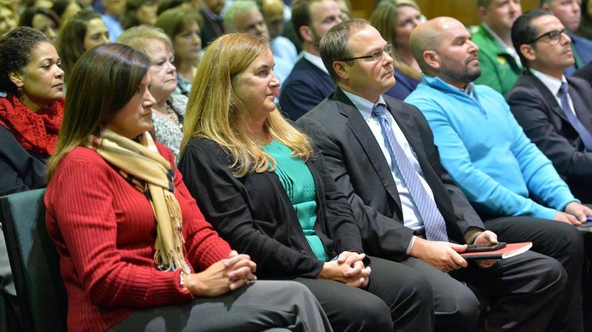 Principals and district leaders listen as Fresno Unified School District superintendent Michael Hanson announces Dec. 12, 2016, that he would not return for the 2017-18 school year. Though he planned to stay through August, he later was terminated by the school board.