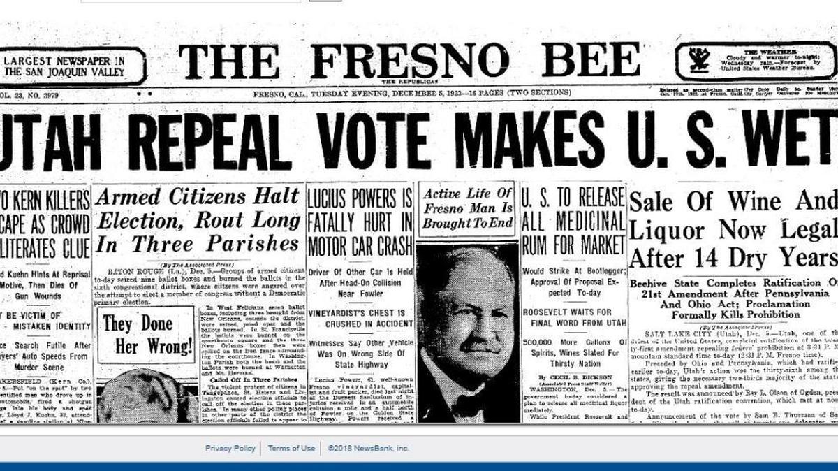 The Dec. 5, 1933 front page of The Bee declares the end of Prohibition.