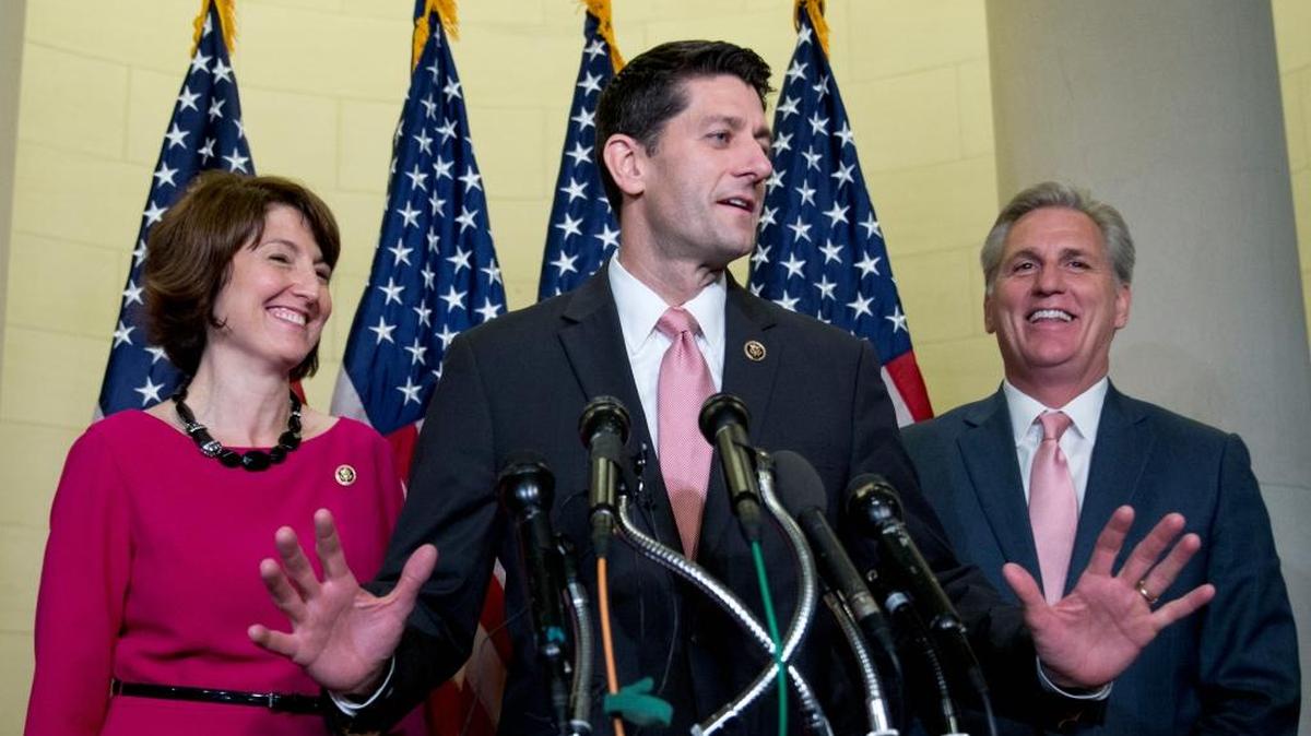 Rep. Paul Ryan, flanked by Reps. Cathy McMorris Rodgers and Kevin McCarthy, speaks Wednesday after fellow Republicans nominated him to be the next House speaker.