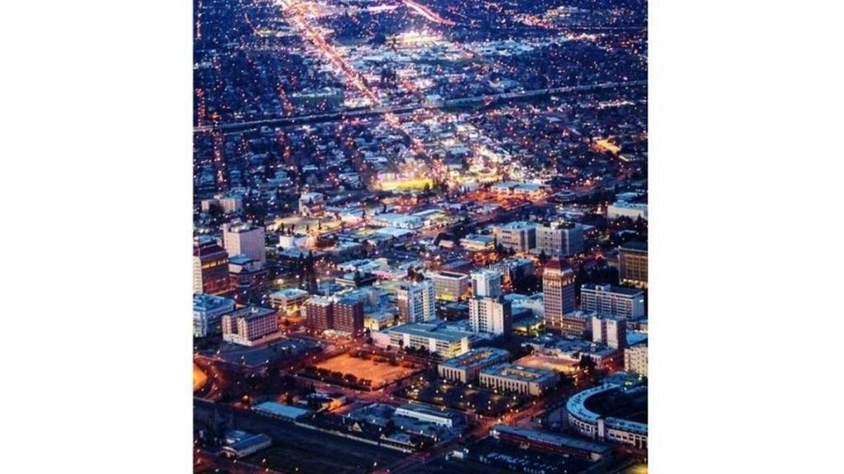Here is a portion of Brian Diener’s aerial photo of downtown Fresno. He posted the photo on social media and was complimented for showcasing the city’s beauty. The photo was taken just after sunset Saturday, around 5:42 p.m., with building and street lights freshly fired up to preparation for the night while the sky transitioned from light blue to navy.