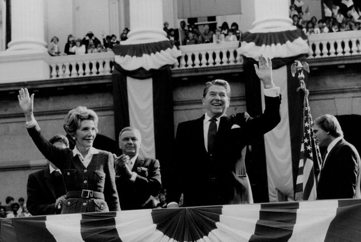 President Ronald Reagan and Nancy Reagan at the Capitol in Sacramento.