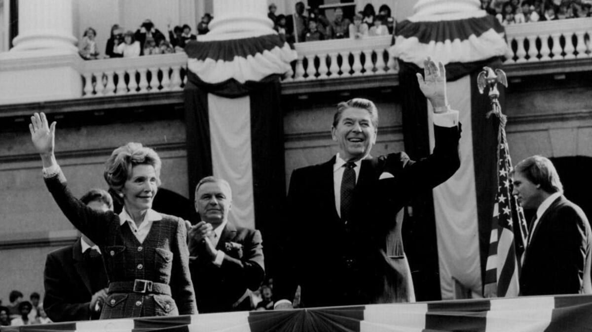 President Ronald Reagan and Nancy Reagan visit the Capitol in Sacramento on Monday, Nov. 5, 1984, the day before his reelection. An estimated crowd of 20,000 people came to see him speak on the west steps. 