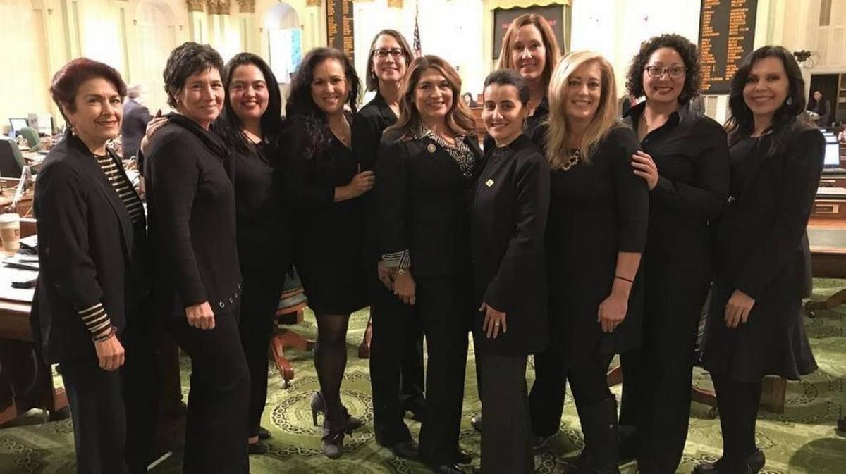 Female California lawmakers wore black on Monday, extending a protest from the follow night’s Golden Globes ceremony that aimed to broaden the conversation about workplace sexual harassment.