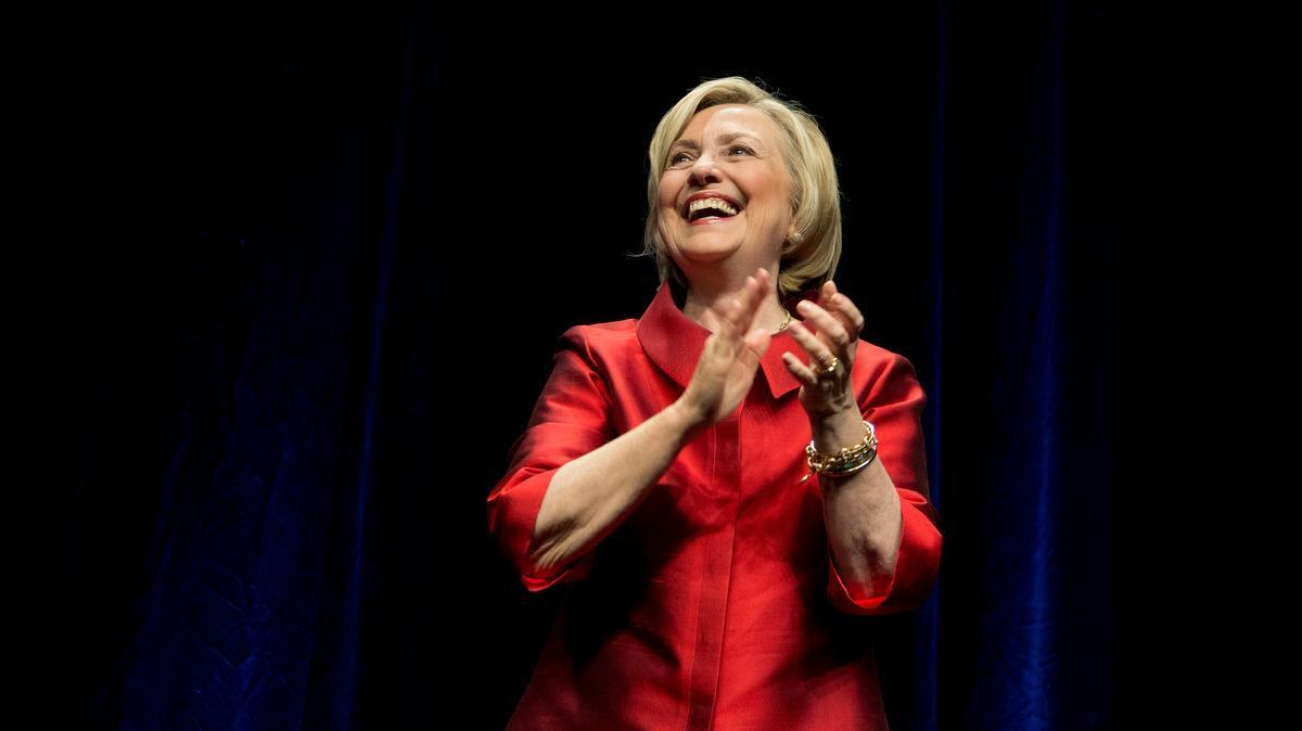 
Democratic presidential candidate Hillary Rodham Clinton responds to the cheers of supporters at a Jefferson Jackson event hosted by the Democratic Party of Virginia at George Mason University’s Patriot Center, in Fairfax, Va., on June 26.
