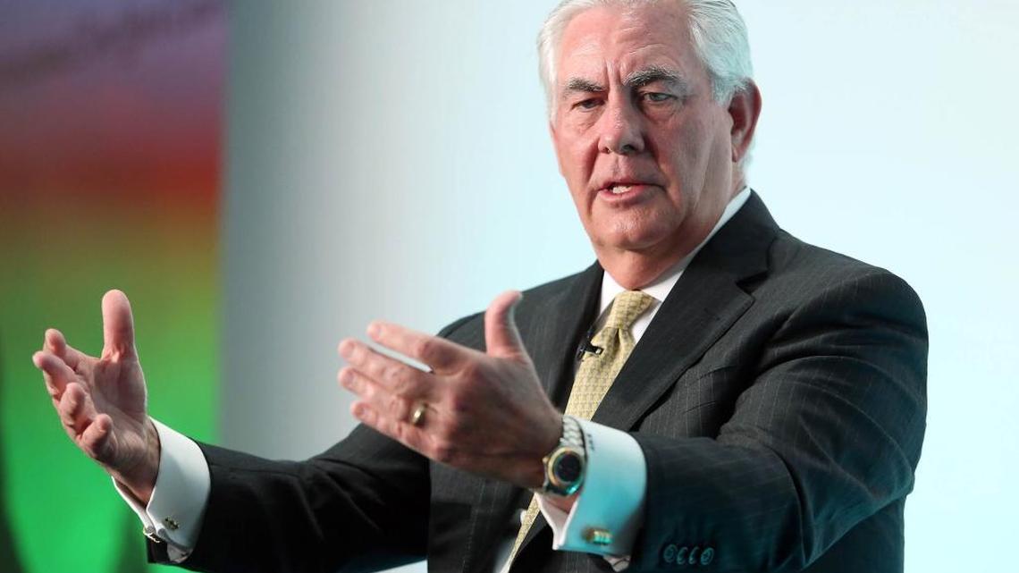 ExxonMobil CEO Rex Tillerson, the secretary of state nominee by President-elect Donald Trump, gestures as he speaks during the Oil and Money 2015 conference in London on Oct. 7, 2015.