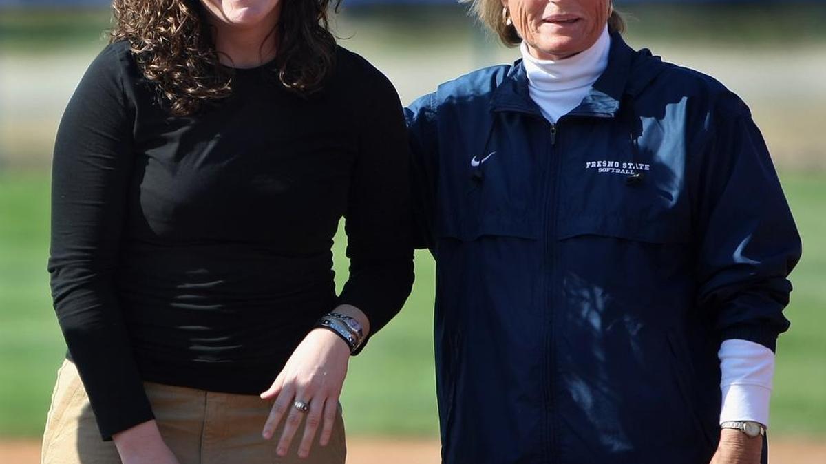 Former Fresno State softball player Amanda Scott, left, shown with her coach, Margie Wright, was inducted into the Clovis Unified Hall of Fame.