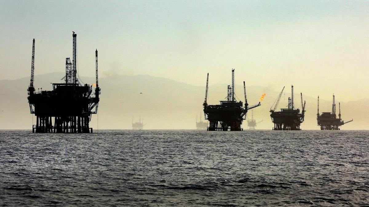 A line of oil rigs sit in the Santa Barbara Channel near the Federal Ecological Preserve. The Trump administration wants to open miles of coastline for oil and natural gas exploration.