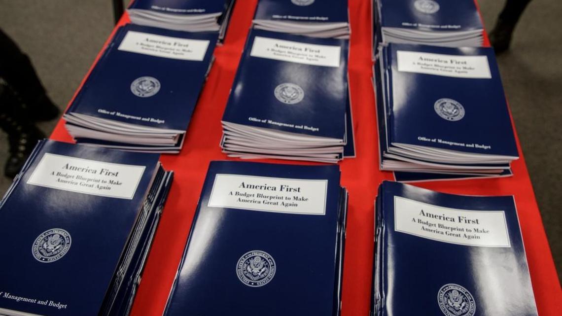 Copies of President Donald Trump’s first budget are displayed at the Government Printing Office in Washington, Thursday.
