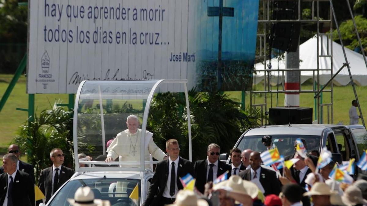 
Pope Francis travels to the Plaza of the Revolution to celebrate Mass in Holguin, Cuba, on Monday. Pope Francis begins his five-day visit to the United States on Tuesday.
