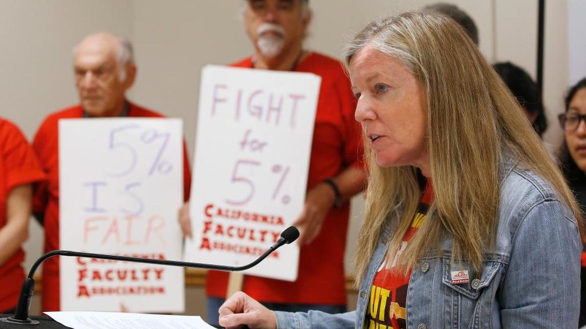 Jennifer Eagan, president of the California Faculty Association, discusses an independent report buttressing the union’s call for a 5 percent raise for faculty at Cal State.
