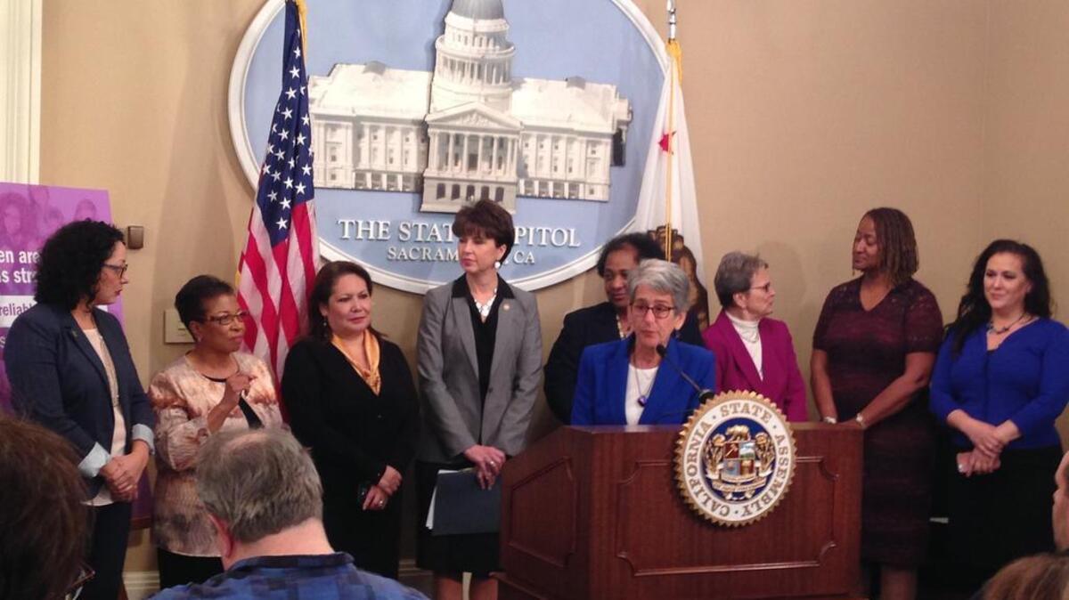 Sen. Hannah-Beth Jackson, at the podium, announces the priorities of the legislative women’s caucus at a news conference with fellow Democrats earlier this year. Jackson was one member of the caucus who said Assemblyman Roger Hernández should take a leave of absence after being accused of domestic violence.