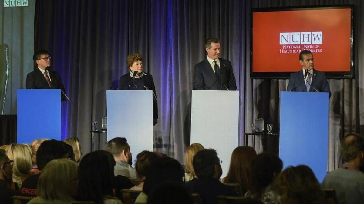 California gubernatorial candidates from left, John Chiang, Delaine Eastin, Gavin Newsom and Antonio Villaraigosa in October 2017.
