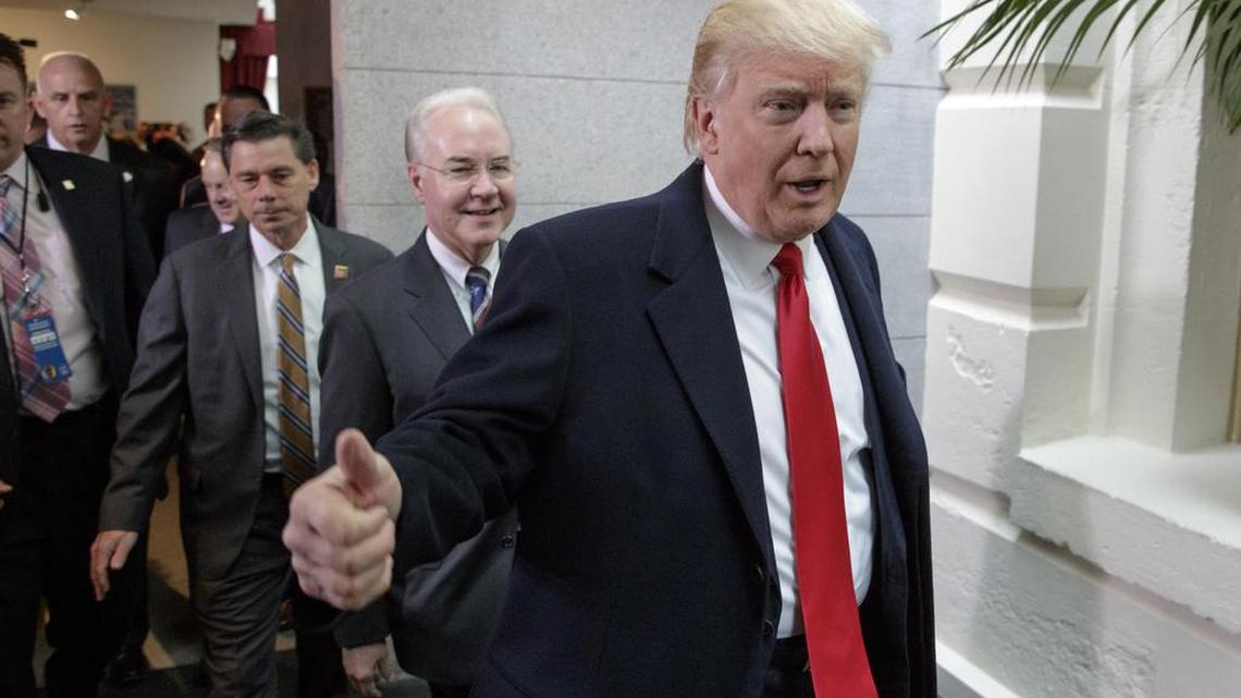 President Donald Trump, trailed by Health and Human Services Secretary Tom Price, arrives on Capitol Hill on Tuesday to rally support for the health care overhaul.