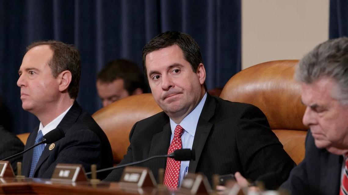 In this 2017 photo, House Intelligence Committee Chairman Rep. Devin Nunes, R-Tulare, is flanked by the committee’s ranking minority member Rep. Adam Schiff, D-Calif., left, and Rep. Peter King, R-N.Y. With the Democrats recapturing the House, Nunes will lose the committee chairmanship.