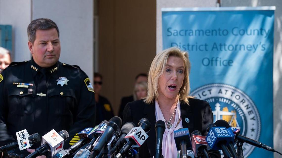 Sacramento County District Attorney Anne Marie Schubert and Sheriff Scott Jones announce an arrest in the Golden State Killer case at a press conference Wednesday, April 25, 2018. 