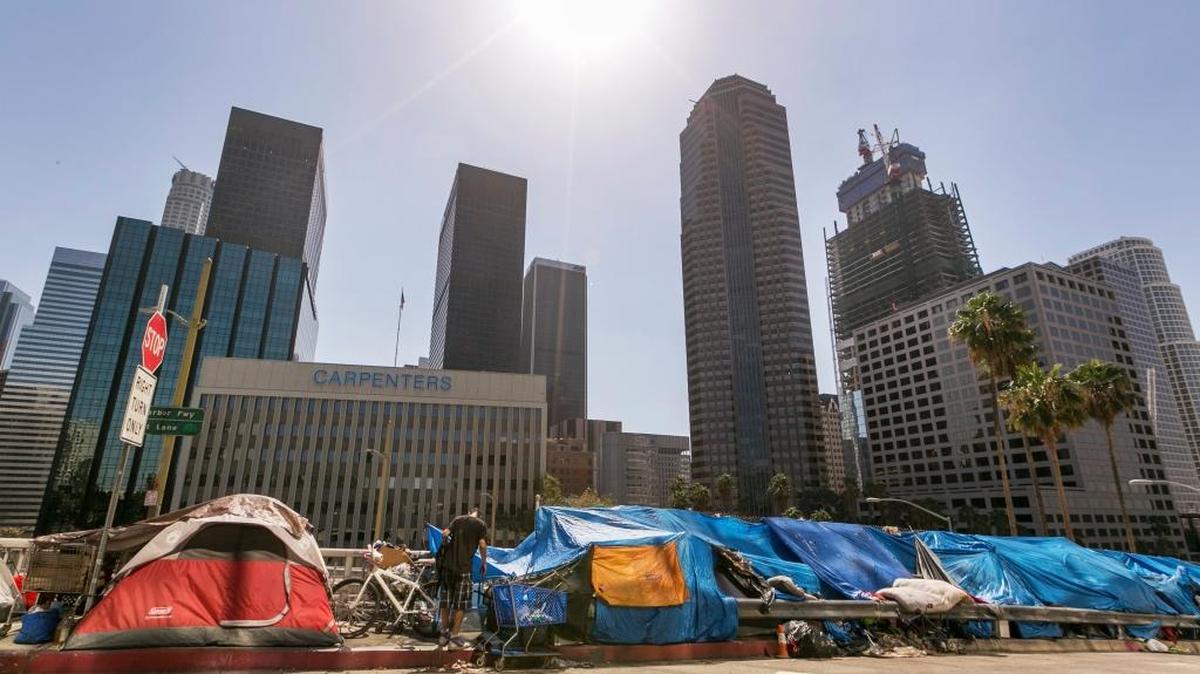 Tents used by the homeless line a downtown Los Angeles street in September.